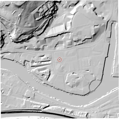Shaded relief map of the ground around BS15JW, computed from Environment Agency LiDAR. The ground here sits at about 10 m above sea level and falls 68 m across the surrounding 800 m. Surface water reaching this point runs off ground lying to the south, 1.2 m higher.