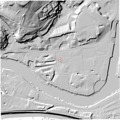 Shaded relief map of the ground around BS15JZ, computed from Environment Agency LiDAR. The ground here sits at about 9 m above sea level and falls 68 m across the surrounding 800 m. Surface water reaching this point runs off ground lying to the north-north-east, 11.6 m higher.