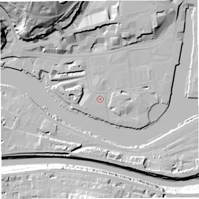 Shaded relief map of the ground around BS15LF, computed from Environment Agency LiDAR. The ground here sits at about 10 m above sea level and falls 46 m across the surrounding 800 m. The ground contributing surface water to this point lies to the north-north-west.