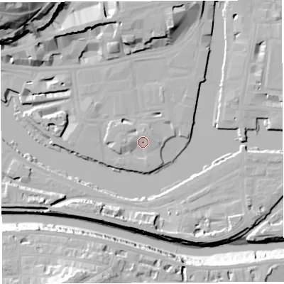 Shaded relief map of the ground around BS15LL, computed from Environment Agency LiDAR. The ground here sits at about 10 m above sea level and falls 41 m across the surrounding 800 m. Surface water reaching this point runs off ground lying to the west, 2.7 m higher.