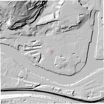 Shaded relief map of the ground around BS15LW, computed from Environment Agency LiDAR. The ground here sits at about 10 m above sea level and falls 56 m across the surrounding 800 m. Surface water reaching this point runs off ground lying to the south-east, 1.5 m higher.