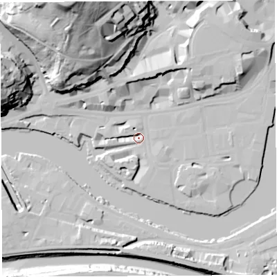 Shaded relief map of the ground around BS15SW, computed from Environment Agency LiDAR. The ground here sits at about 8 m above sea level and falls 67 m across the surrounding 800 m. Surface water reaching this point runs off ground lying to the north-north-east, 11.6 m higher.