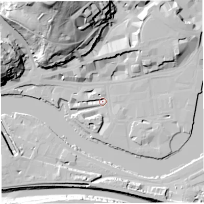 Shaded relief map of the ground around BS15SX, computed from Environment Agency LiDAR. The ground here sits at about 8 m above sea level and falls 67 m across the surrounding 800 m. Surface water reaching this point runs off ground lying to the north-north-east, 11.6 m higher.