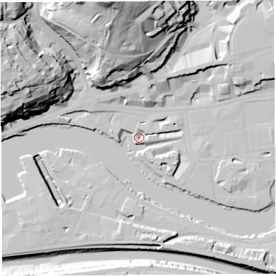 Shaded relief map of the ground around BS15SY, computed from Environment Agency LiDAR. The ground here sits at about 9 m above sea level and falls 67 m across the surrounding 800 m. Surface water reaching this point runs off ground lying to the north-east, 11.8 m higher.