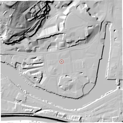 Shaded relief map of the ground around BS15SZ, computed from Environment Agency LiDAR. The ground here sits at about 10 m above sea level and falls 68 m across the surrounding 800 m. The ground contributing surface water to this point lies to the south.