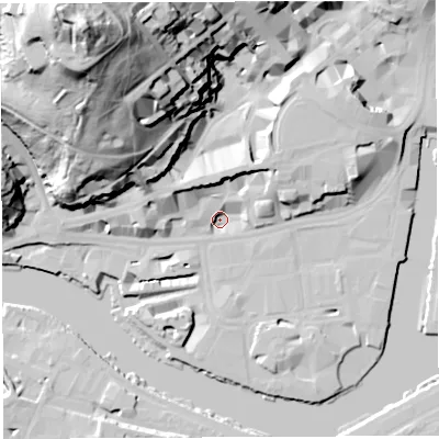Shaded relief map of the ground around BS15TP, computed from Environment Agency LiDAR. The ground here sits at about 8 m above sea level and falls 77 m across the surrounding 800 m. Surface water reaching this point runs off ground lying to the east-north-east, 9.4 m higher.