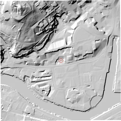 Shaded relief map of the ground around BS15TT, computed from Environment Agency LiDAR. The ground here sits at about 8 m above sea level and falls 73 m across the surrounding 800 m. Surface water reaching this point runs off ground lying to the north-east, 9.4 m higher.