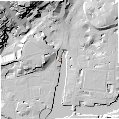 Shaded relief map of the ground around BS15TX, computed from Environment Agency LiDAR. The ground here sits at about 9 m above sea level and falls 40 m across the surrounding 800 m. Surface water reaching this point runs off ground lying to the north-west, 12.3 m higher.