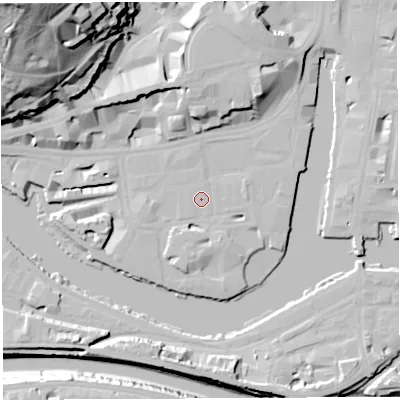 Shaded relief map of the ground around BS15TY, computed from Environment Agency LiDAR. The ground here sits at about 9 m above sea level and falls 60 m across the surrounding 800 m. Surface water reaching this point runs off ground lying to the south, 4.7 m higher.