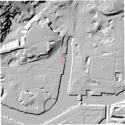 Shaded relief map of the ground around BS15UH, computed from Environment Agency LiDAR. The ground here sits at about 9 m above sea level and falls 40 m across the surrounding 800 m. Surface water reaching this point runs off ground lying to the south-west, 5.3 m higher.