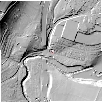Shaded relief map of the ground around BS161AP, computed from Environment Agency LiDAR. The ground here sits at about 14 m above sea level and falls 67 m across the surrounding 800 m. Surface water reaching this point runs off ground lying to the north-east, 26.9 m higher.