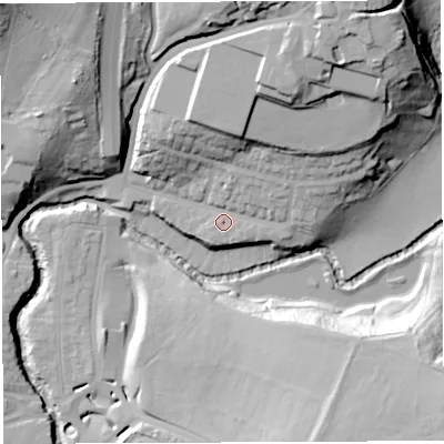 Shaded relief map of the ground around BS161BH, computed from Environment Agency LiDAR. The ground here sits at about 16 m above sea level and falls 34 m across the surrounding 800 m. Surface water reaching this point runs off ground lying to the north-north-east, 21.8 m higher.