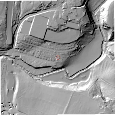 Shaded relief map of the ground around BS161BN, computed from Environment Agency LiDAR. The ground here sits at about 20 m above sea level and falls 35 m across the surrounding 800 m. Surface water reaching this point runs off ground lying to the north, 17.9 m higher.