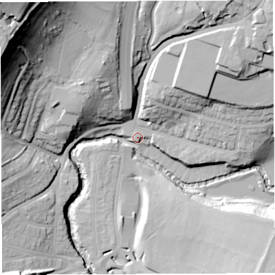 Shaded relief map of the ground around BS161BQ, computed from Environment Agency LiDAR. The ground here sits at about 13 m above sea level and falls 64 m across the surrounding 800 m. Surface water reaching this point runs off ground lying to the north-east, 27.2 m higher.