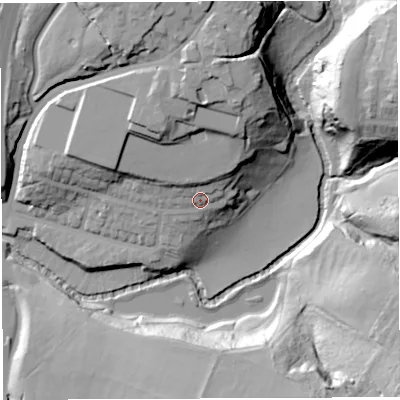 Shaded relief map of the ground around BS161BW, computed from Environment Agency LiDAR. The ground here sits at about 24 m above sea level and falls 34 m across the surrounding 800 m. Surface water reaching this point runs off ground lying to the north, 15.3 m higher.
