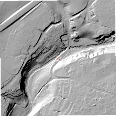 Shaded relief map of the ground around BS161DH, computed from Environment Agency LiDAR. The ground here sits at about 14 m above sea level and falls 44 m across the surrounding 800 m. Surface water reaching this point runs off ground lying to the south-east, 44.3 m higher.