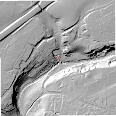 Shaded relief map of the ground around BS161DJ, computed from Environment Agency LiDAR. The ground here sits at about 17 m above sea level and falls 44 m across the surrounding 800 m. Surface water reaching this point runs off ground lying to the north-east, 29.2 m higher.