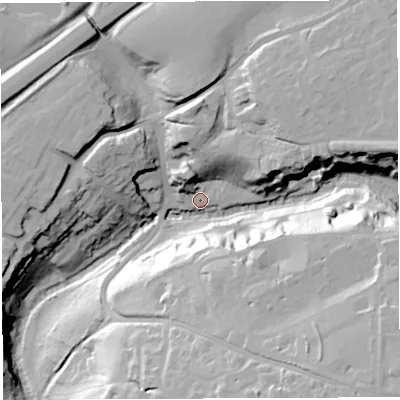 Shaded relief map of the ground around BS161DL, computed from Environment Agency LiDAR. The ground here sits at about 16 m above sea level and falls 44 m across the surrounding 800 m. Surface water reaching this point runs off ground lying to the south-east, 43.4 m higher.