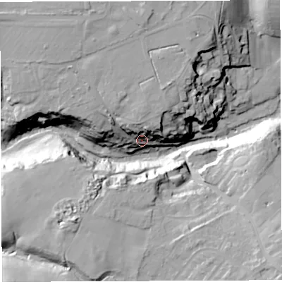 Shaded relief map of the ground around BS161LN, computed from Environment Agency LiDAR. The ground here sits at about 34 m above sea level and falls 38 m across the surrounding 800 m. Surface water reaching this point runs off ground lying to the north-north-east, 17.8 m higher.
