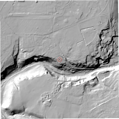 Shaded relief map of the ground around BS161LP, computed from Environment Agency LiDAR. The ground here sits at about 45 m above sea level and falls 33 m across the surrounding 800 m. Surface water reaching this point runs off ground lying to the north, 3.1 m higher.
