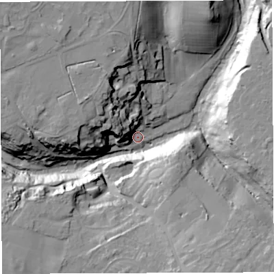 Shaded relief map of the ground around BS161LR, computed from Environment Agency LiDAR. The ground here sits at about 24 m above sea level and falls 37 m across the surrounding 800 m. Surface water reaching this point runs off ground lying to the north-west, 20.4 m higher.