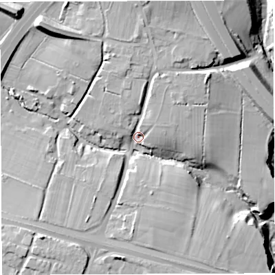Shaded relief map of the ground around BS161RF, computed from Environment Agency LiDAR. The ground here sits at about 40 m above sea level and falls 23 m across the surrounding 800 m. Surface water reaching this point runs off ground lying to the north-west, 13.0 m higher.