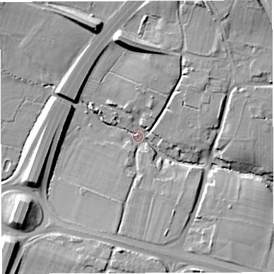 Shaded relief map of the ground around BS161RQ, computed from Environment Agency LiDAR. The ground here sits at about 39 m above sea level and falls 16 m across the surrounding 800 m. Surface water reaching this point runs off ground lying to the south-west, 13.3 m higher.