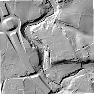 Shaded relief map of the ground around BS161SD, computed from Environment Agency LiDAR. The ground here sits at about 48 m above sea level and falls 25 m across the surrounding 800 m. Surface water reaching this point runs off ground lying to the north, 1.0 m higher.