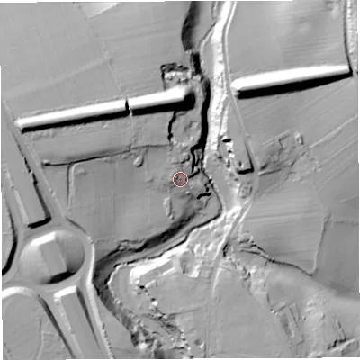 Shaded relief map of the ground around BS161SG, computed from Environment Agency LiDAR. The ground here sits at about 47 m above sea level and falls 43 m across the surrounding 800 m. Surface water reaching this point runs off ground lying to the north-west, 4.3 m higher.