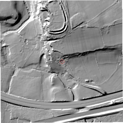Shaded relief map of the ground around BS161ST, computed from Environment Agency LiDAR. The ground here sits at about 44 m above sea level and falls 35 m across the surrounding 800 m. Surface water reaching this point runs off ground lying to the north, 16.1 m higher.