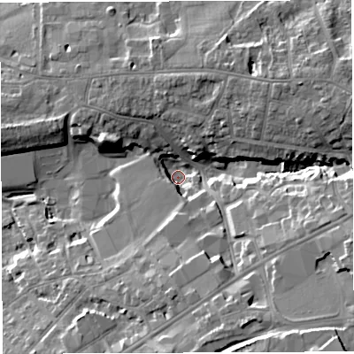 Shaded relief map of the ground around BS162DL, computed from Environment Agency LiDAR. The ground here sits at about 47 m above sea level and falls 22 m across the surrounding 800 m. Surface water reaching this point runs off ground lying to the east-south-east, 16.9 m higher.