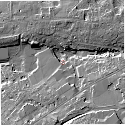 Shaded relief map of the ground around BS162DN, computed from Environment Agency LiDAR. The ground here sits at about 50 m above sea level and falls 21 m across the surrounding 800 m. Surface water reaching this point runs off ground lying to the east-south-east, 16.7 m higher.
