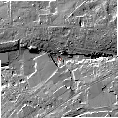 Shaded relief map of the ground around BS162DW, computed from Environment Agency LiDAR. The ground here sits at about 47 m above sea level and falls 21 m across the surrounding 800 m. Surface water reaching this point runs off ground lying to the south-east, 17.3 m higher.