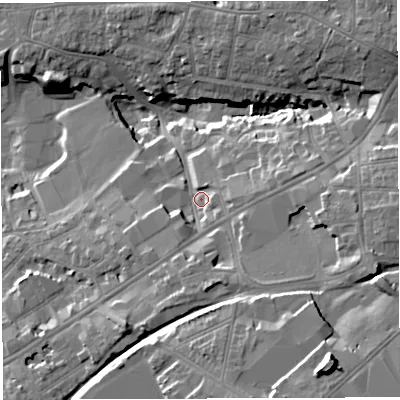 Shaded relief map of the ground around BS162DY, computed from Environment Agency LiDAR. The ground here sits at about 55 m above sea level and falls 27 m across the surrounding 800 m. Surface water reaching this point runs off ground lying to the east-south-east, 11.1 m higher.