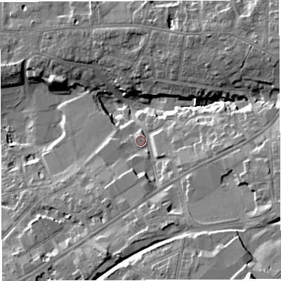 Shaded relief map of the ground around BS162EA, computed from Environment Agency LiDAR. The ground here sits at about 53 m above sea level and falls 28 m across the surrounding 800 m. Surface water reaching this point runs off ground lying to the east-south-east, 12.8 m higher.