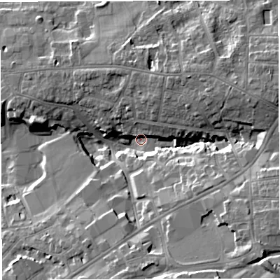 Shaded relief map of the ground around BS162ED, computed from Environment Agency LiDAR. The ground here sits at about 48 m above sea level and falls 20 m across the surrounding 800 m. Surface water reaching this point runs off ground lying to the south-east, 18.1 m higher.