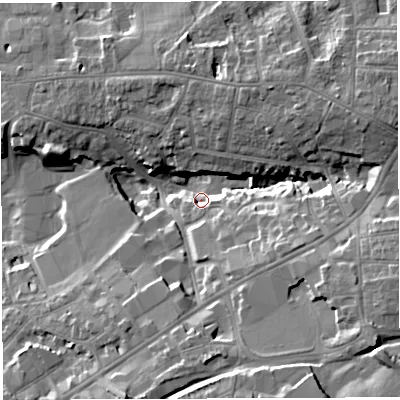 Shaded relief map of the ground around BS162EE, computed from Environment Agency LiDAR. The ground here sits at about 50 m above sea level and falls 20 m across the surrounding 800 m. Surface water reaching this point runs off ground lying to the east-north-east, 14.2 m higher.