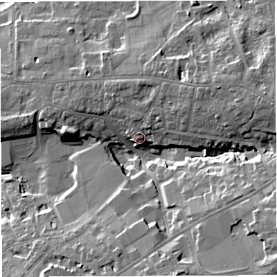 Shaded relief map of the ground around BS162EF, computed from Environment Agency LiDAR. The ground here sits at about 54 m above sea level and falls 20 m across the surrounding 800 m. Surface water reaching this point runs off ground lying to the south-east, 18.4 m higher.