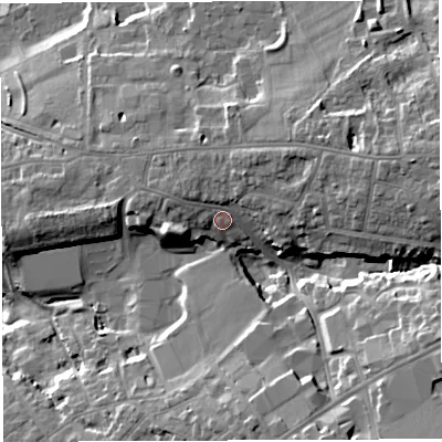 Shaded relief map of the ground around BS162EQ, computed from Environment Agency LiDAR. The ground here sits at about 54 m above sea level and falls 23 m across the surrounding 800 m. Surface water reaching this point runs off ground lying to the north-north-east, 3.0 m higher.