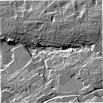 Shaded relief map of the ground around BS162FX, computed from Environment Agency LiDAR. The ground here sits at about 49 m above sea level and falls 20 m across the surrounding 800 m. Surface water reaching this point runs off ground lying to the east-north-east, 14.2 m higher.
