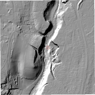 Shaded relief map of the ground around BS162SY, computed from Environment Agency LiDAR. The ground here sits at about 26 m above sea level and falls 27 m across the surrounding 800 m. Surface water reaching this point runs off ground lying to the west, 25.5 m higher.