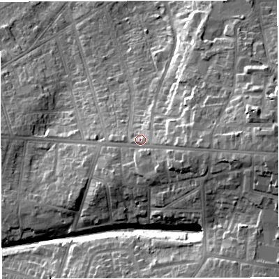 Shaded relief map of the ground around BS165HB, computed from Environment Agency LiDAR. The ground here sits at about 77 m above sea level and falls 30 m across the surrounding 800 m. Surface water reaching this point runs off ground lying to the east-south-east, 9.9 m higher.