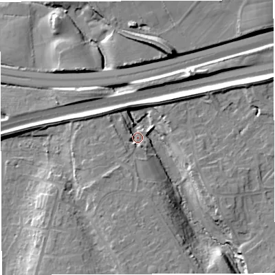 Shaded relief map of the ground around BS166PX, computed from Environment Agency LiDAR. The ground here sits at about 40 m above sea level and falls 17 m across the surrounding 800 m. Surface water reaching this point runs off ground lying to the south-south-east, 12.8 m higher.