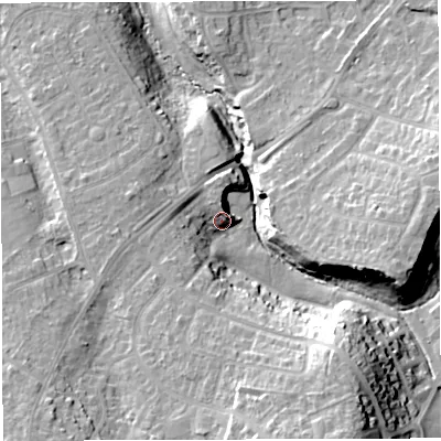 Shaded relief map of the ground around BS166SE, computed from Environment Agency LiDAR. The ground here sits at about 46 m above sea level and falls 23 m across the surrounding 800 m. Surface water reaching this point runs off ground lying to the south-south-east, 20.2 m higher.