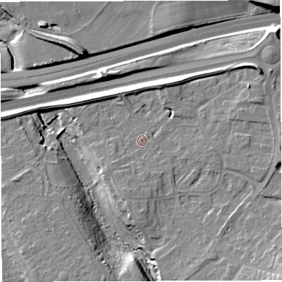 Shaded relief map of the ground around BS166TB, computed from Environment Agency LiDAR. The ground here sits at about 44 m above sea level and falls 19 m across the surrounding 800 m. Surface water reaching this point runs off ground lying to the south-east, 11.3 m higher.