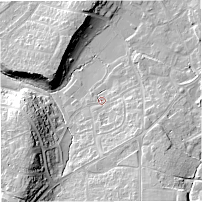 Shaded relief map of the ground around BS166UG, computed from Environment Agency LiDAR. The ground here sits at about 46 m above sea level and falls 21 m across the surrounding 800 m. Surface water reaching this point runs off ground lying to the south-east, 7.5 m higher.