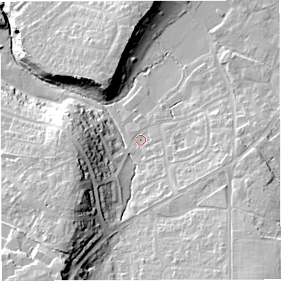 Shaded relief map of the ground around BS166UH, computed from Environment Agency LiDAR. The ground here sits at about 45 m above sea level and falls 25 m across the surrounding 800 m. Surface water reaching this point runs off ground lying to the south-south-west, 21.2 m higher.