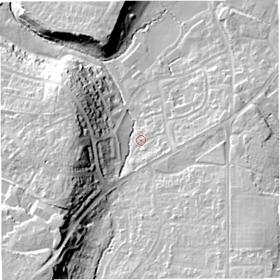 Shaded relief map of the ground around BS166UP, computed from Environment Agency LiDAR. The ground here sits at about 48 m above sea level and falls 26 m across the surrounding 800 m. Surface water reaching this point runs off ground lying to the south-east, 14.2 m higher.