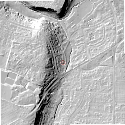 Shaded relief map of the ground around BS166UR, computed from Environment Agency LiDAR. The ground here sits at about 49 m above sea level and falls 27 m across the surrounding 800 m. Surface water reaching this point runs off ground lying to the west, 14.1 m higher.