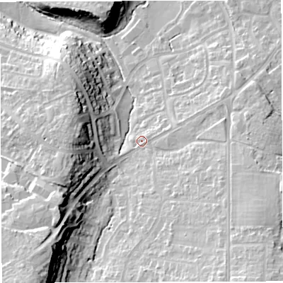 Shaded relief map of the ground around BS166US, computed from Environment Agency LiDAR. The ground here sits at about 49 m above sea level and falls 27 m across the surrounding 800 m. Surface water reaching this point runs off ground lying to the south-west, 20.9 m higher.